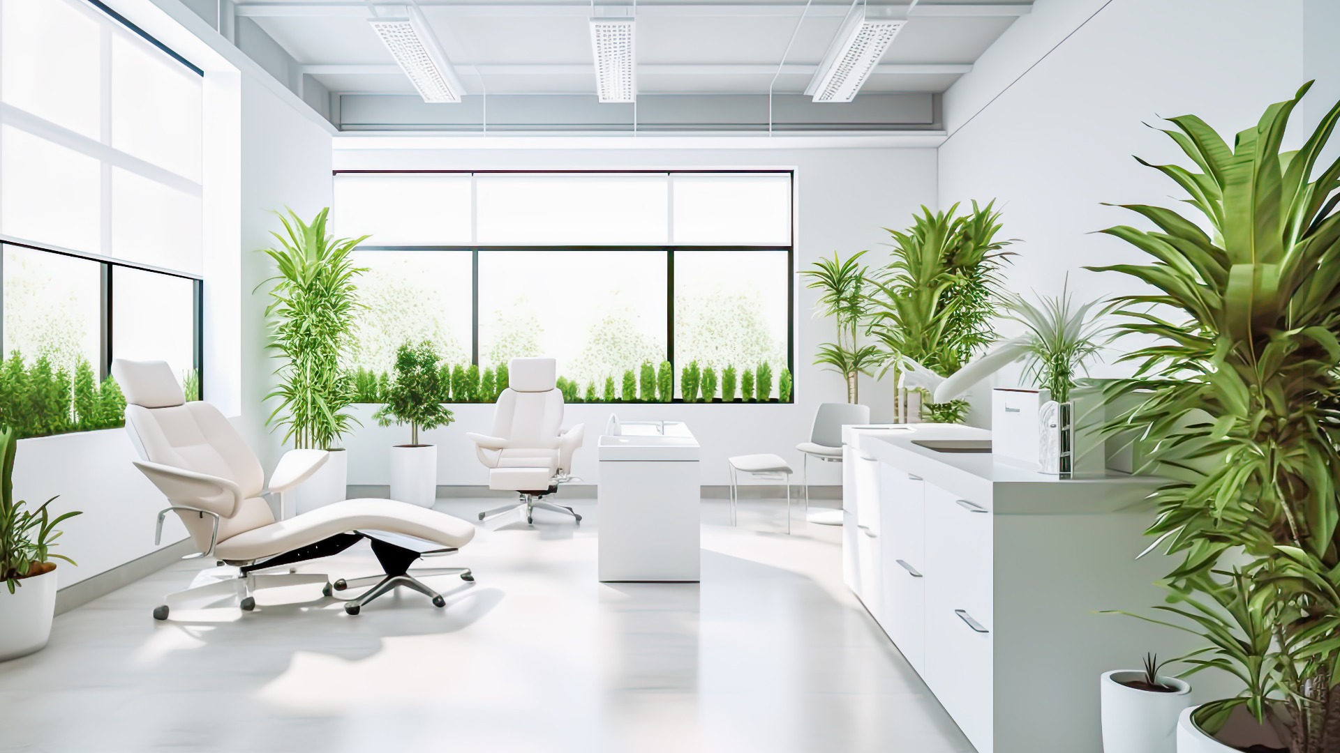 Elegantes, modernes, nachhaltiges, weißes Psychologenbüro mit bequemen Möbeln und Topfpflanzen. Umweltfreundliche Arztpraxis mit biophilem Design