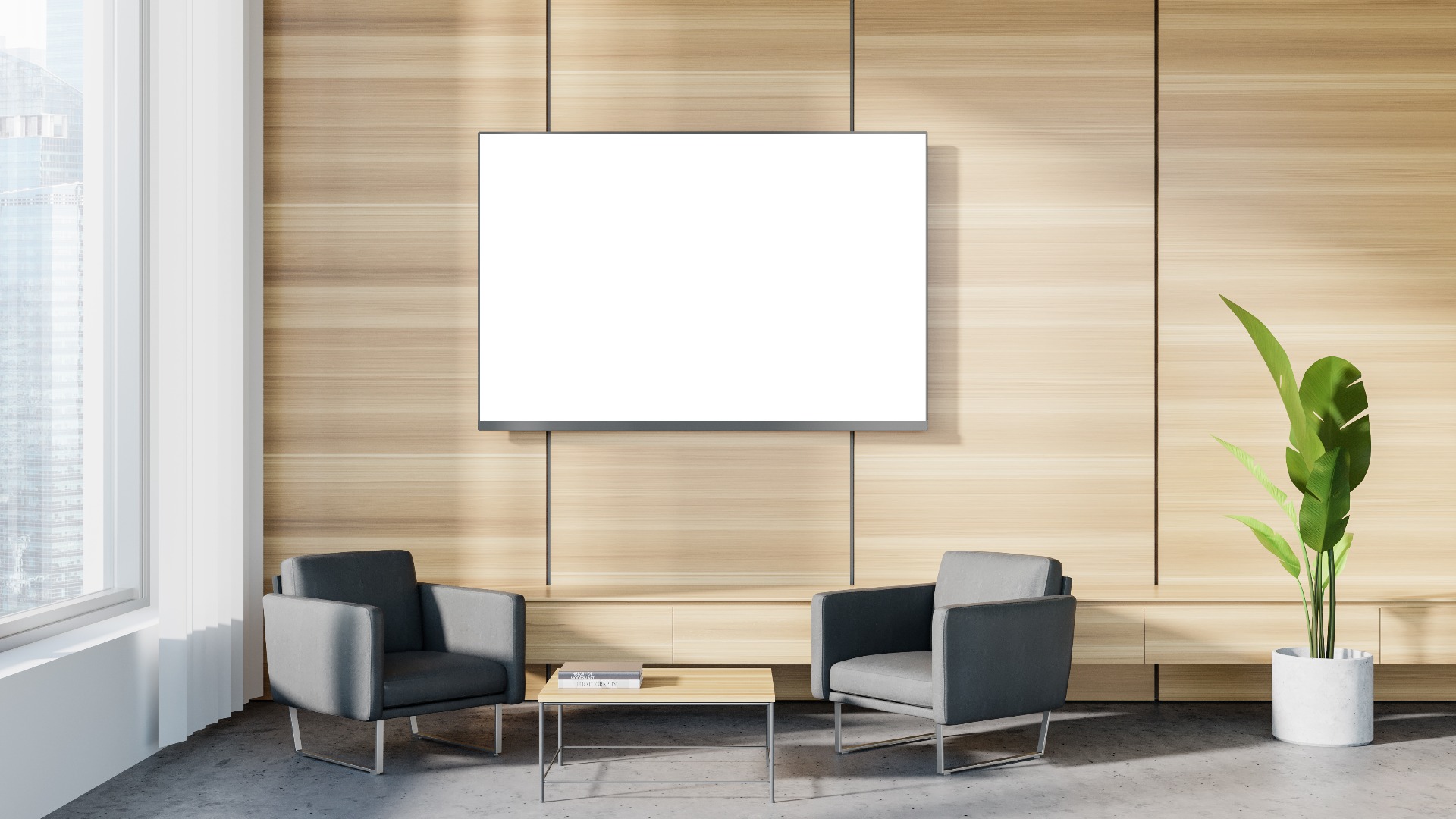 Hölzernes Büro-Wartezimmer mit Sesseln und TV