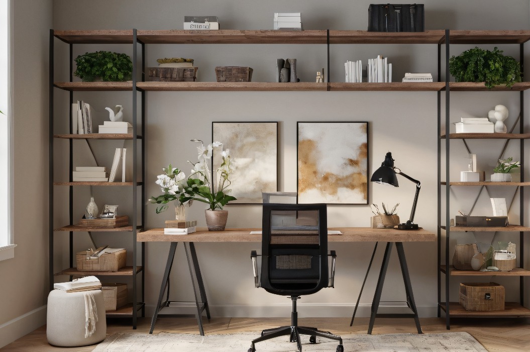 ein hochwertiges 3D-Rendering eines stilvollen und funktionalen Heimbüros. Integrieren Sie einen eleganten Schreibtisch, einen ergonomischen Stuhl und reichlich Stauraum in Form von Regalen und Schränken.