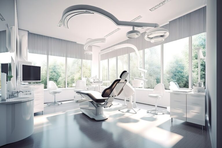Moderne Zahnklinik mit großen Arbeitsplätzen und viel Licht. Ai generativ.
