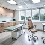 Modernes medizinisches Untersuchungszimmer mit Patientenbett und Arztstuhl