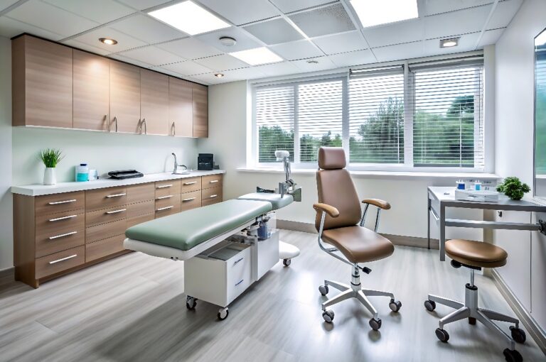 Modernes medizinisches Untersuchungszimmer mit Patientenbett und Arztstuhl