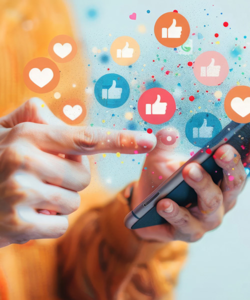 Eine Person bedient ein Smartphone mit bunten Social Media Icons